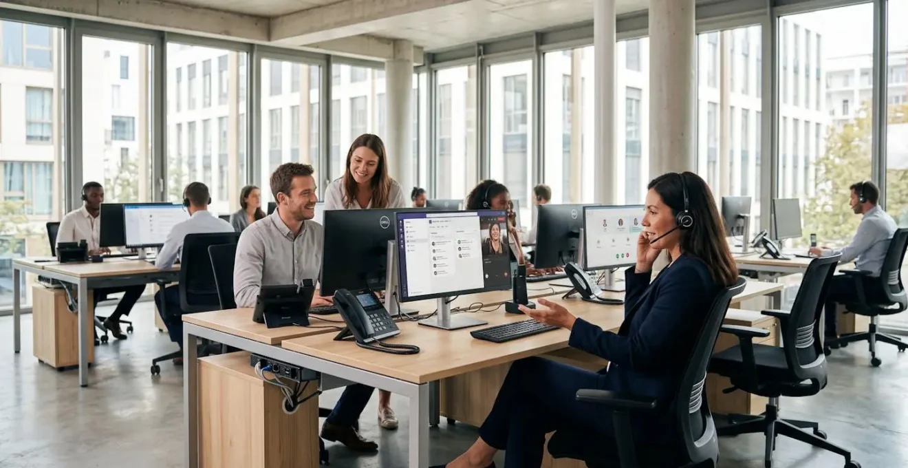 Équipe professionnelle dans un open space moderne utilisant casques VoIP et interfaces de communication sur écrans contemporains