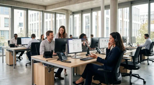 Équipe professionnelle dans un open space moderne utilisant casques VoIP et interfaces de communication sur écrans contemporains