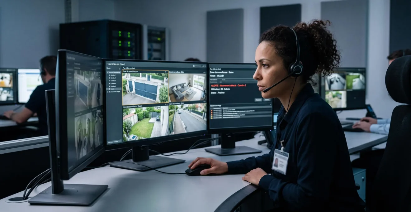 Opératrice de centre de télésurveillance portant un casque micro, concentrée sur trois écrans de contrôle affichant des flux vidéo et alertes de systèmes d'alarme