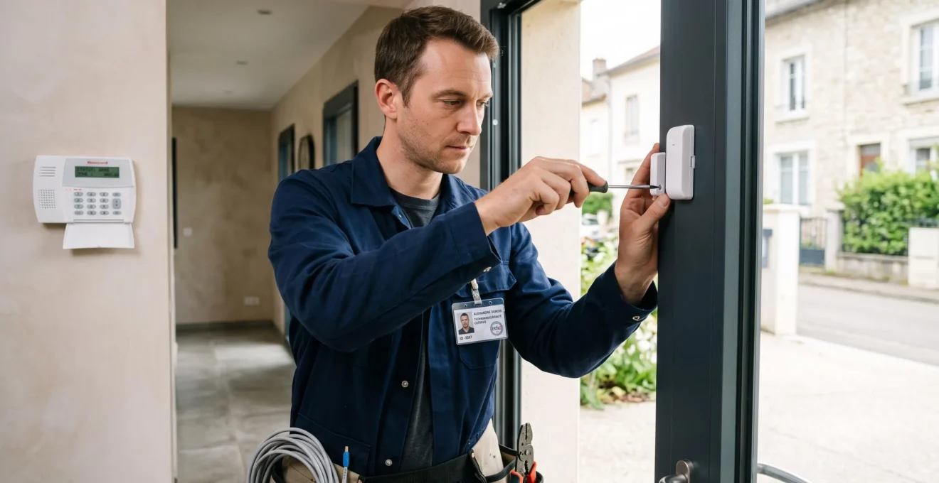 Technicien certifié installant un détecteur d'ouverture blanc sur le cadre d'une porte d'entrée de maison individuelle, centrale d'alarme visible en arrière-plan dans l'entrée