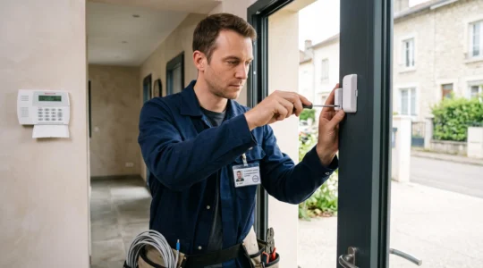 Technicien certifié installant un détecteur d'ouverture blanc sur le cadre d'une porte d'entrée de maison individuelle, centrale d'alarme visible en arrière-plan dans l'entrée