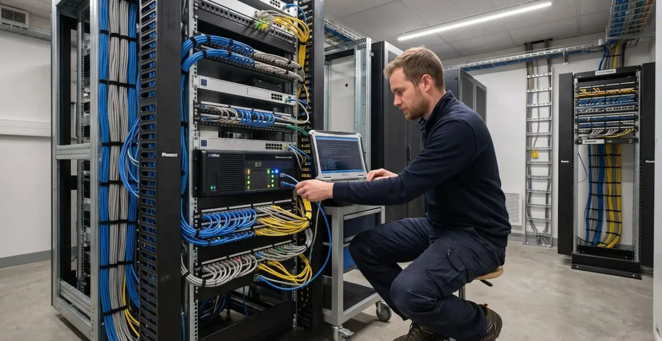 Technicien télécoms configurant un standard IP-PBX moderne dans un local technique d'entreprise